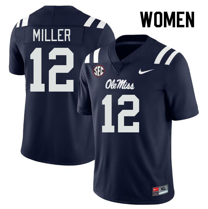 Women #12 Jett Miller Ole Miss Rebels College Football Jerseys Stitched-Navy